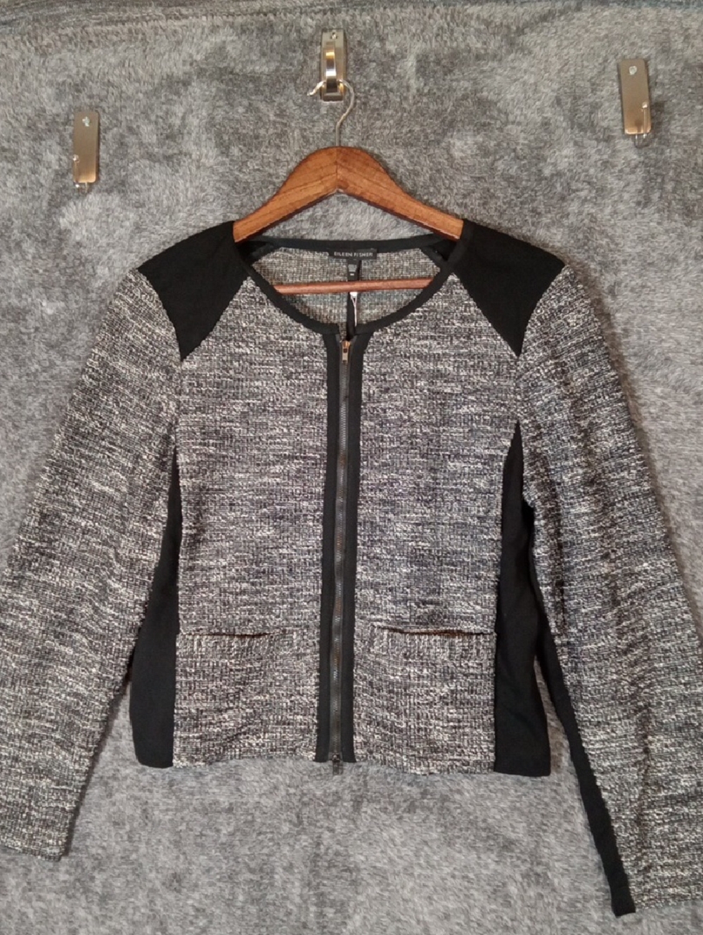 Eileen Fisher Tweed Full Zip Jacket Ponte Knit Cropped Italian Fabric Quiet Lux